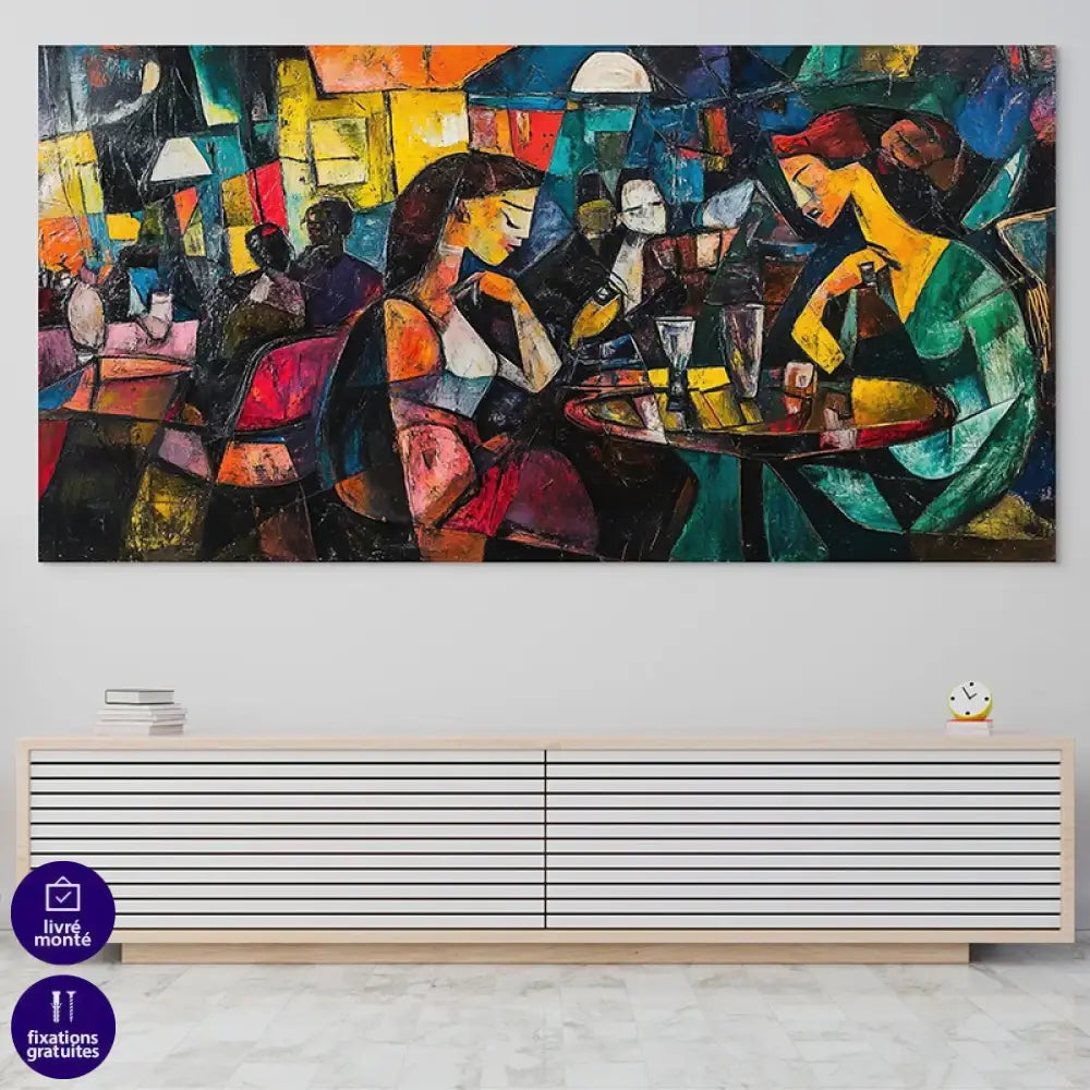 Tableau cubiste de scène de café aux couleurs vives