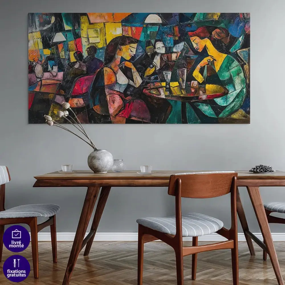 Tableau abstrait bistro nocturne avec conversations et verres