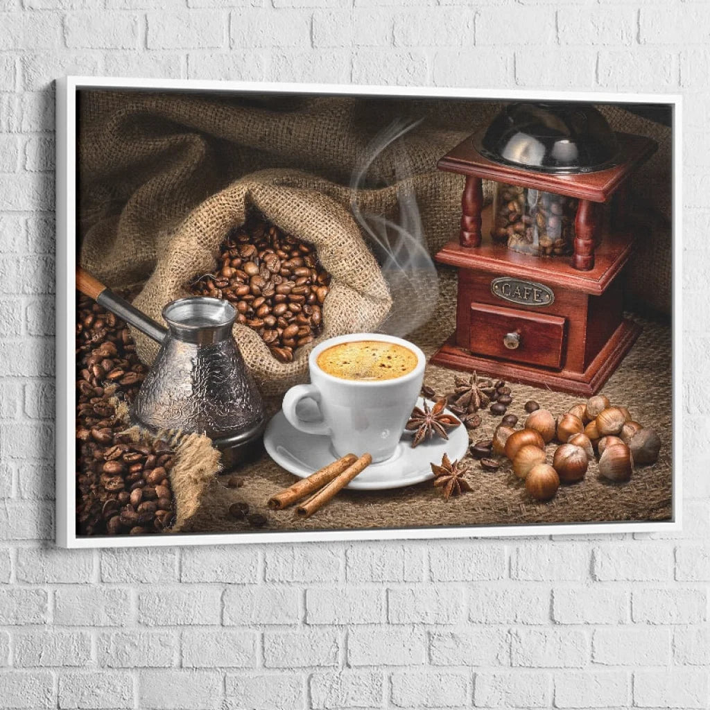 Tableau Cuisine Café et Grain 40x60cm / Cadre Blanc Tableau Cuisine