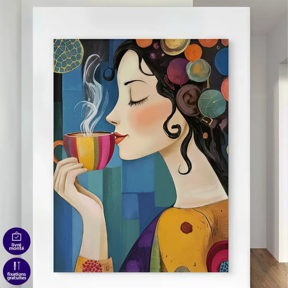 Décoration murale cuisine avec illustration colorée de pause café