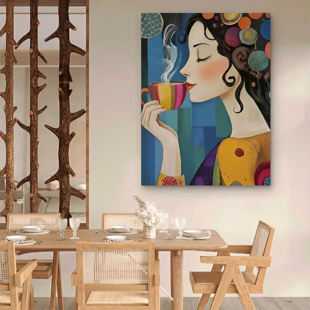 Tableau cuisine femme dégustant un café coloré avec fond artistique moderne