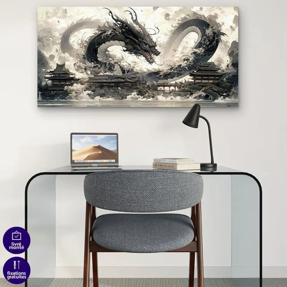 Détail du dragon noir Shenron Sombre en pleine invocation sur tableau design noir et blanc