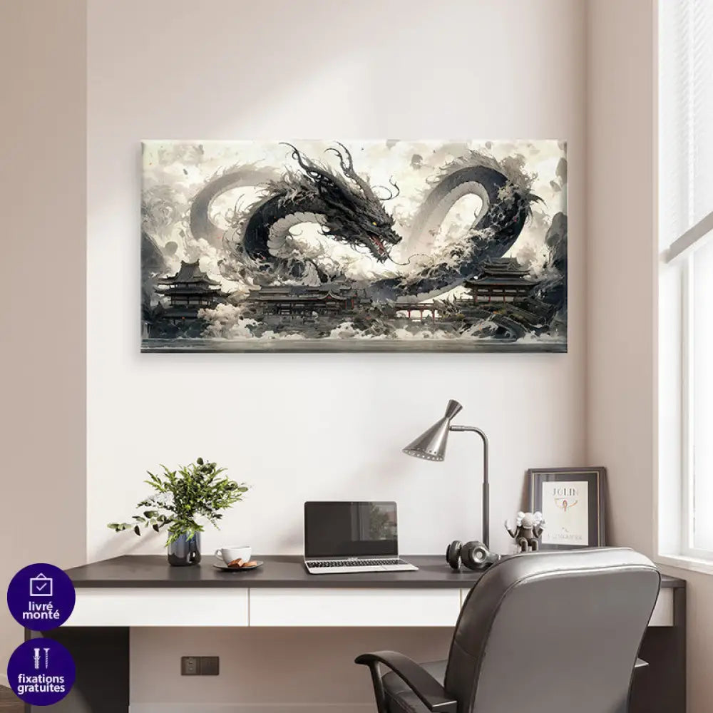 Tableau mural Shenron Sombre accroché au mur d’un salon moderne, style manga et fantasy