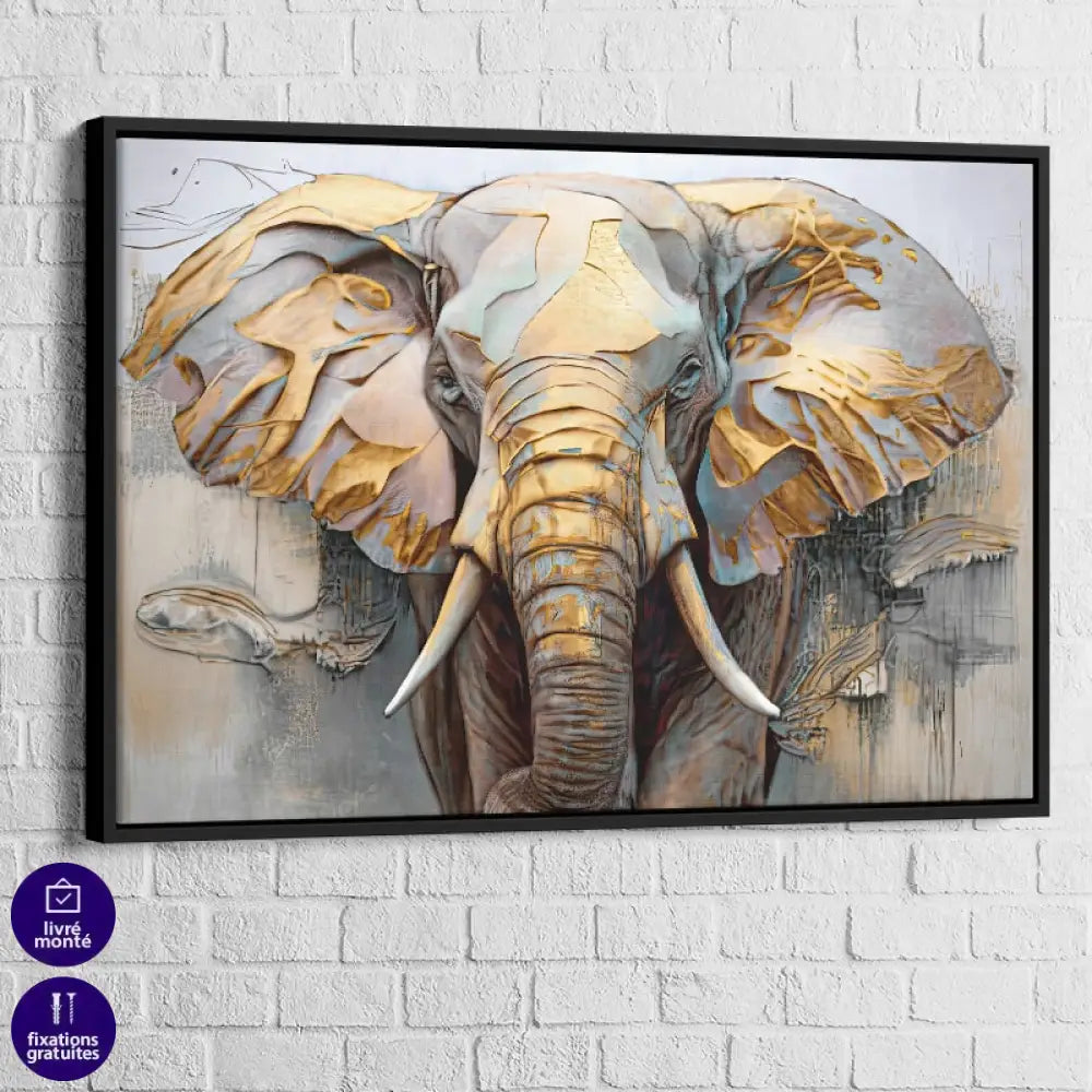 Tableau Éléphant Doré 40x60cm / Cadre Noir Tableau Éléphant