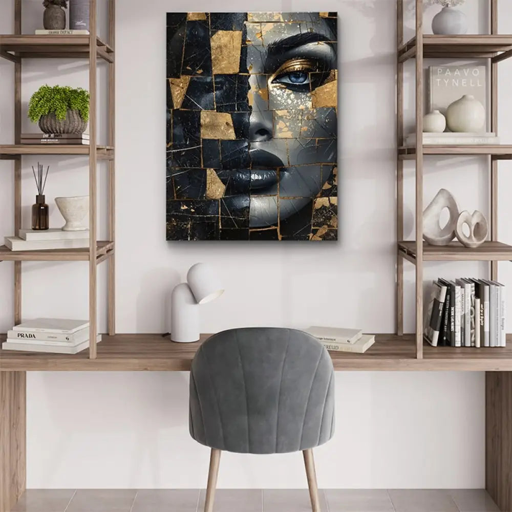 Visage féminin stylisé en éclats dorés sur fond noir et gris