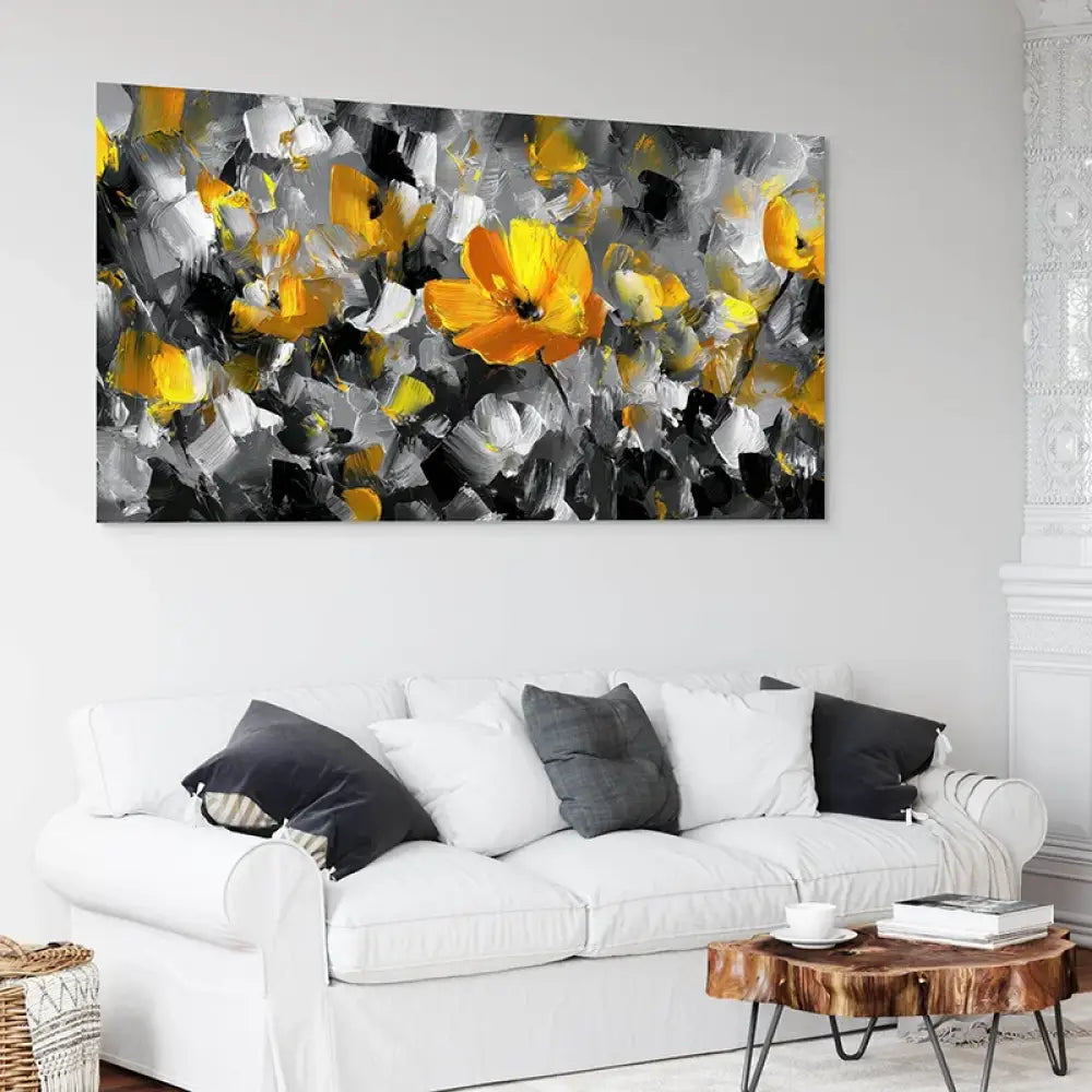 tableau fleur jaune abstrait moderne gris