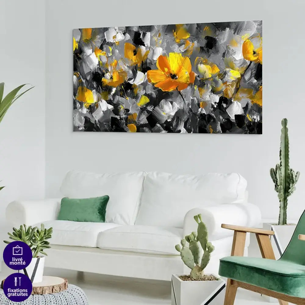 art mural fleur jaune contraste gris élégant
