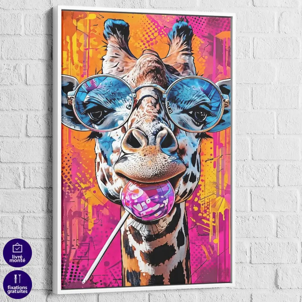 Tableau Girafe Pop Art Lunettes 40x60cm / Cadre Blanc Tableau Girafe