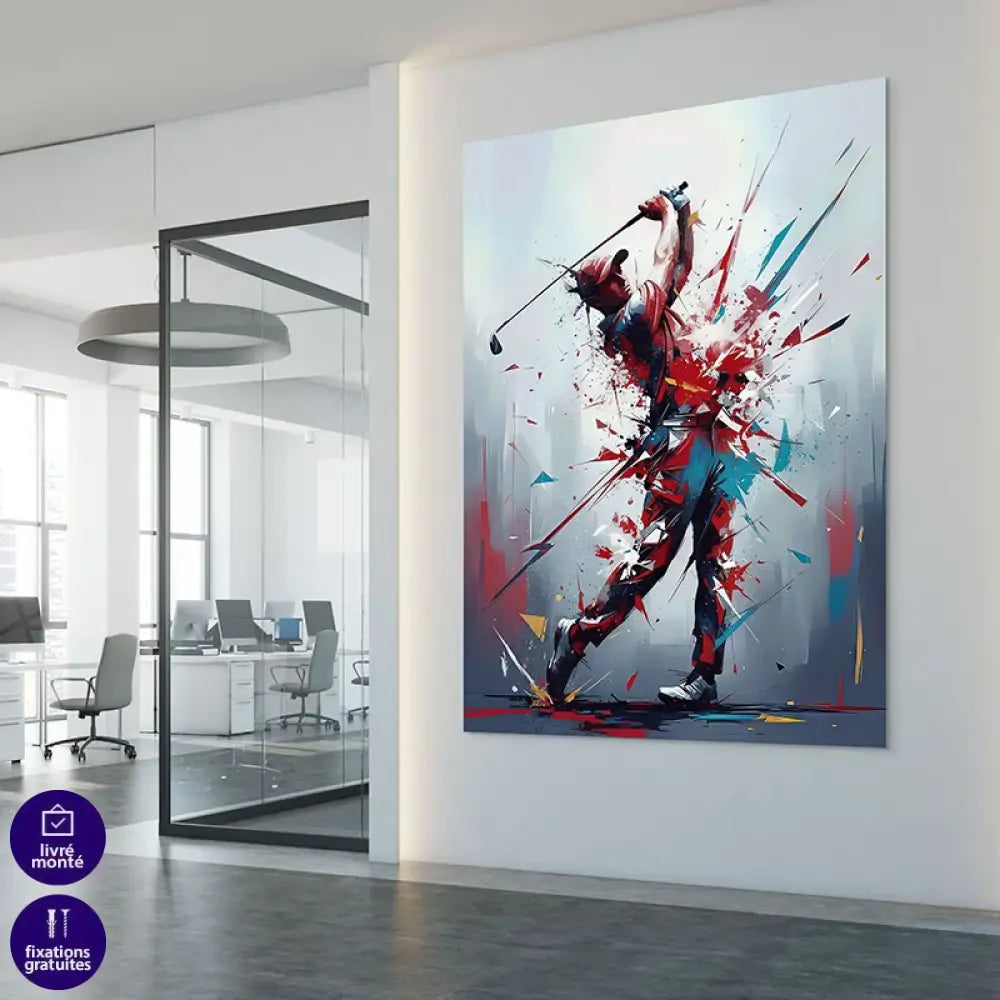Tableau golf abstrait – énergie du swing rouge et bleu