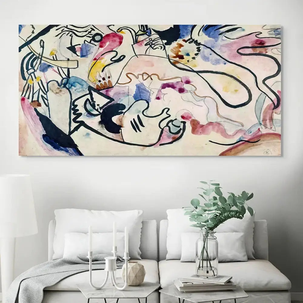 Tableau Kandinsky Aquarell Nr. 8 au-dessus d’un canapé clair