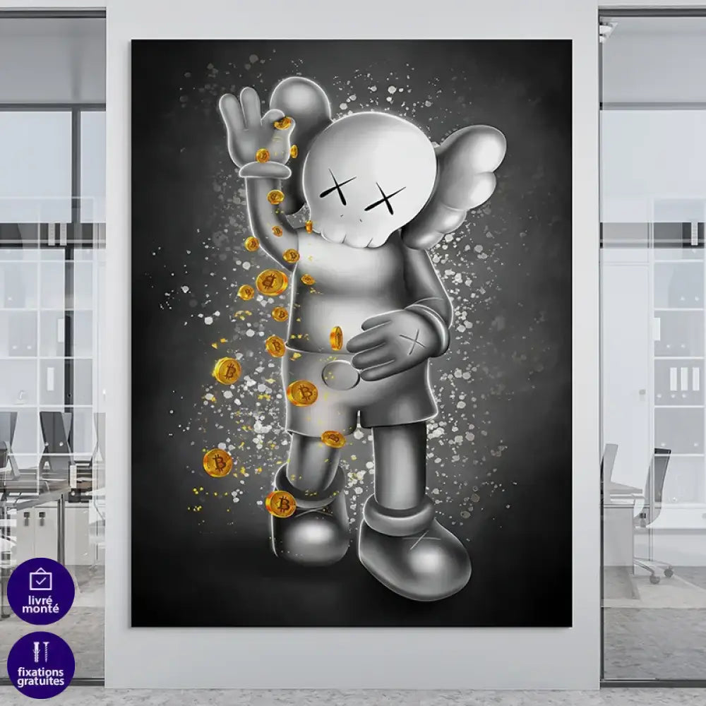 Toile Kaws crypto pop, fond spray et pièces dorées
