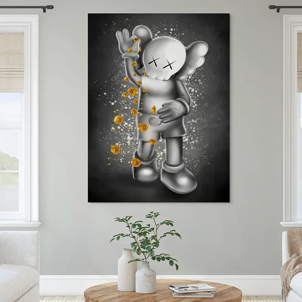 Tableau Kaws grand format, icône X-eyes et or scintillant