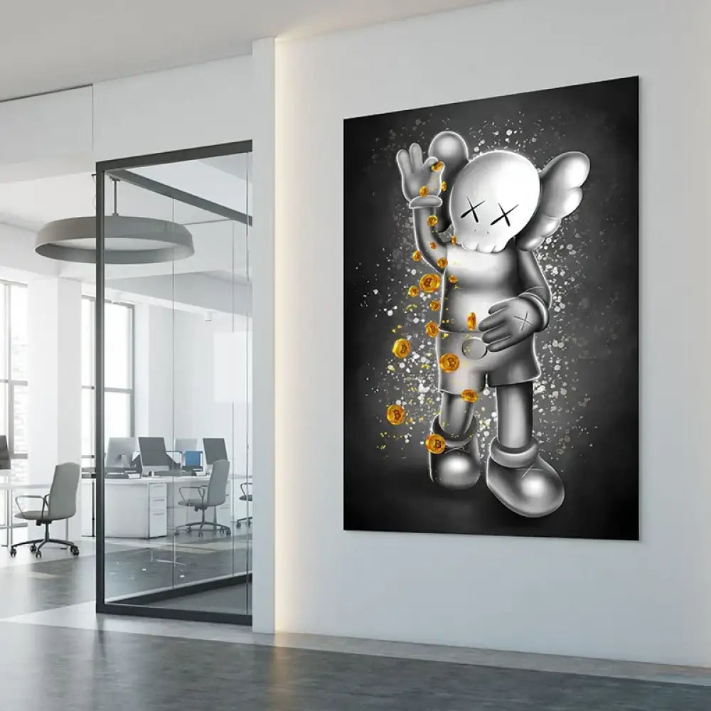 Tableau Kaws – Bitcoin Shower, personnage argenté et pluie de pièces