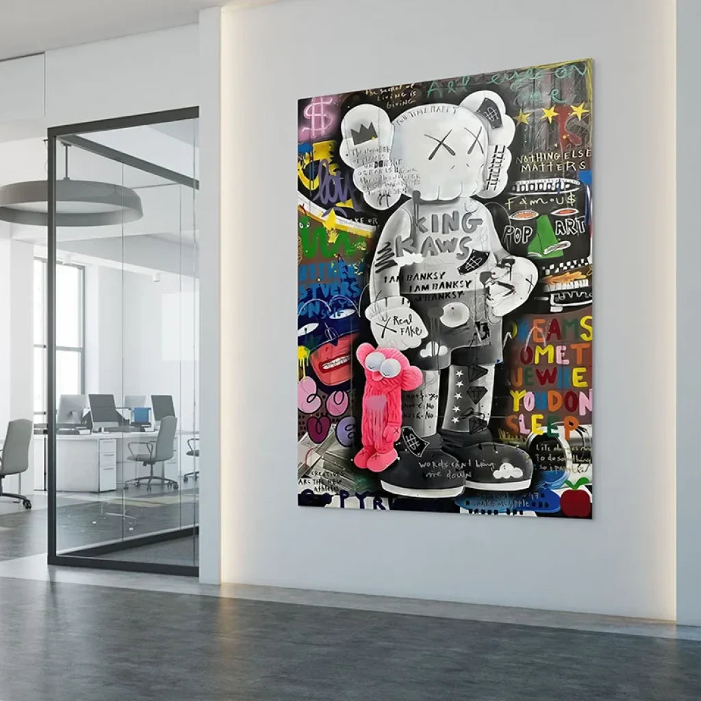 tableau graffiti icônes pop couronne étoiles messages ironiques