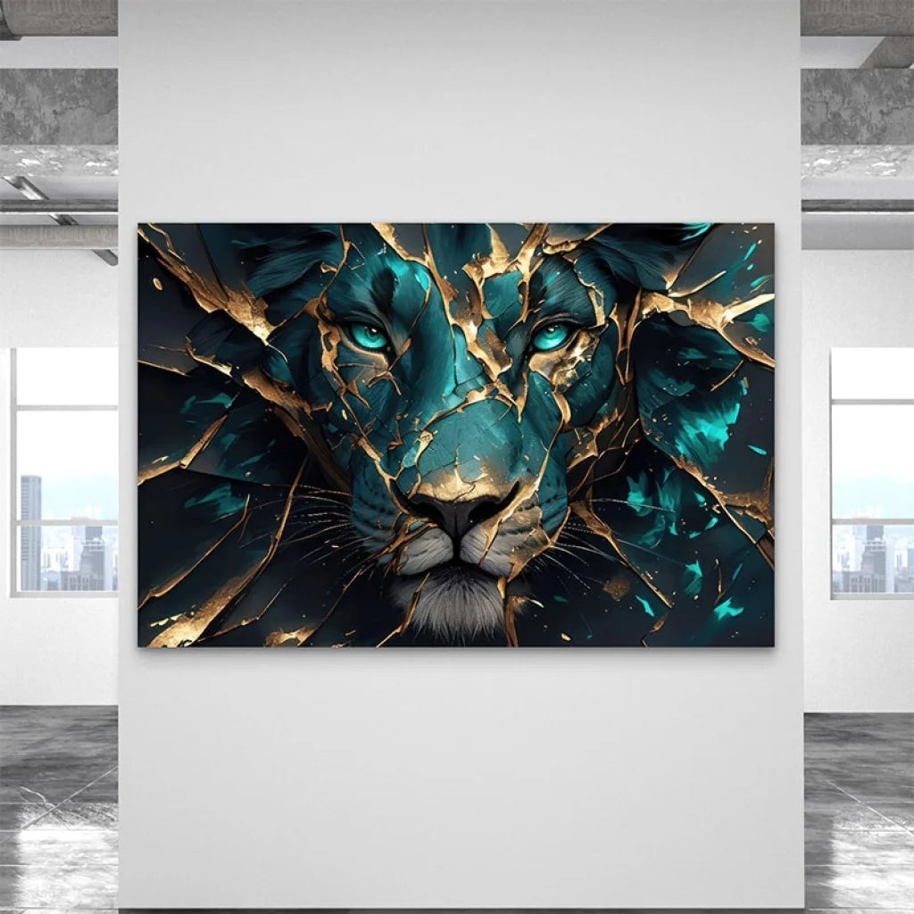 Décoration murale avec lion stylisé, couleurs bleu foncé et or