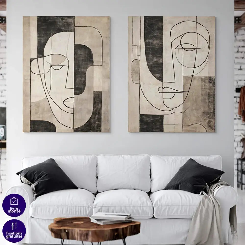 Tableau minimaliste visage line art noir et beige