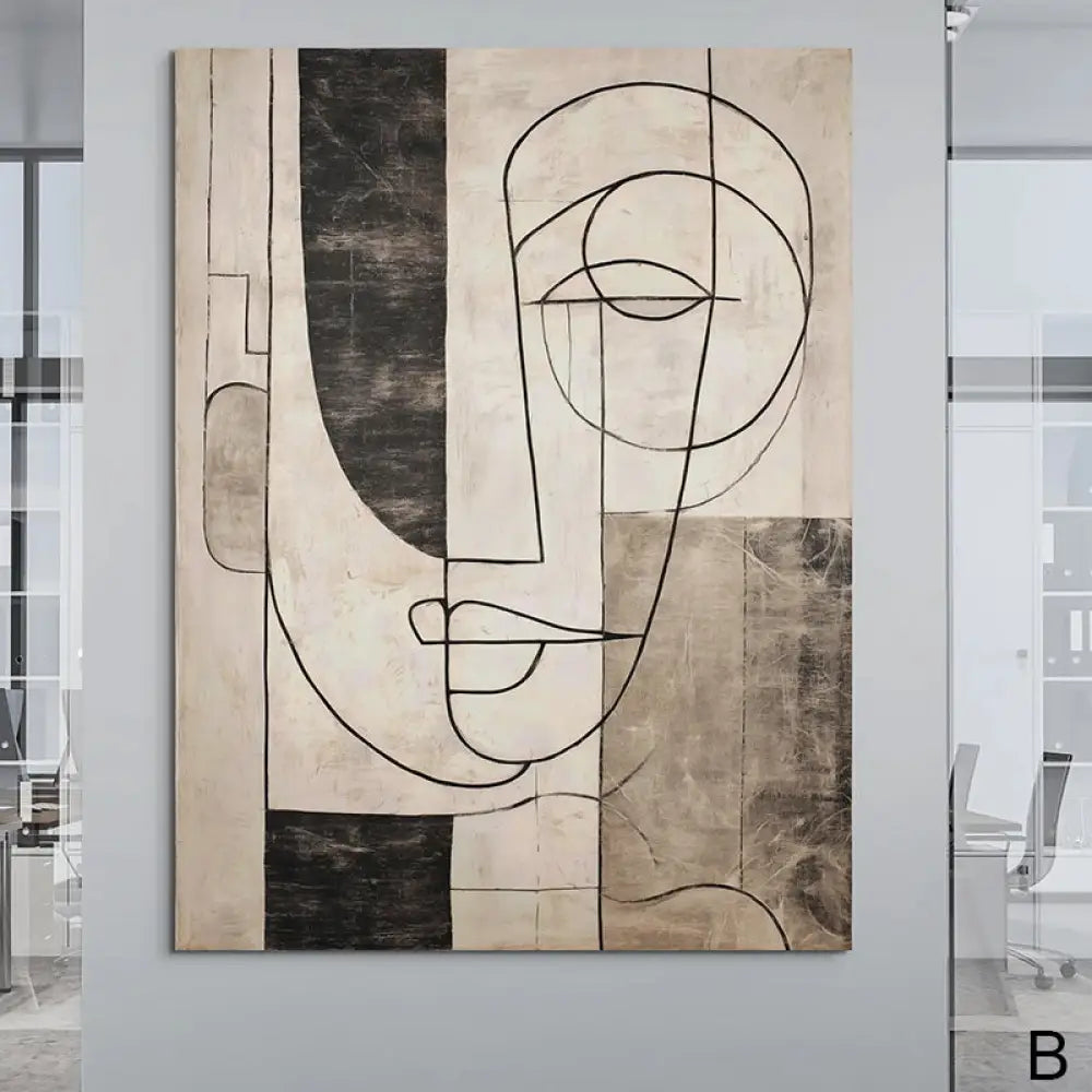Tableau mural moderne – visage géométrique line art noir beige