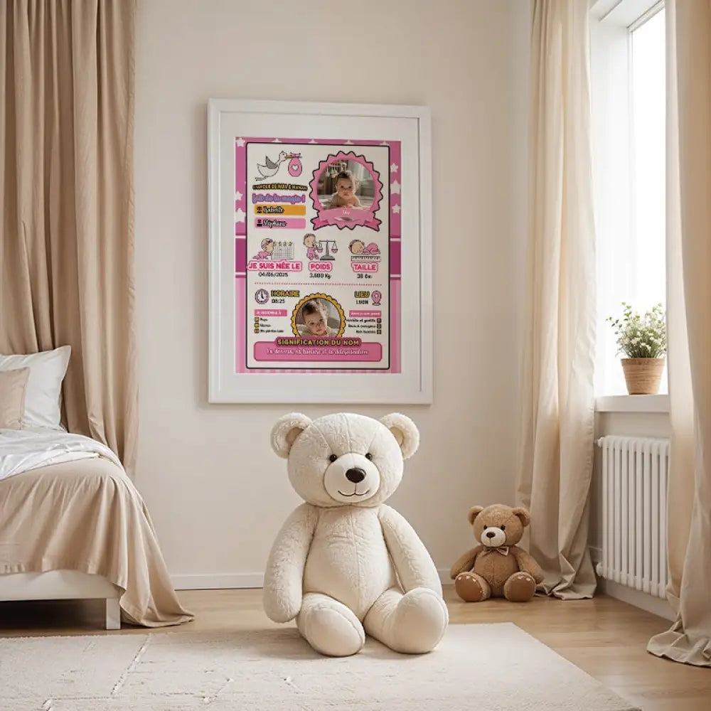 Tableau prénom bébé fille avec informations de naissance personnalisées