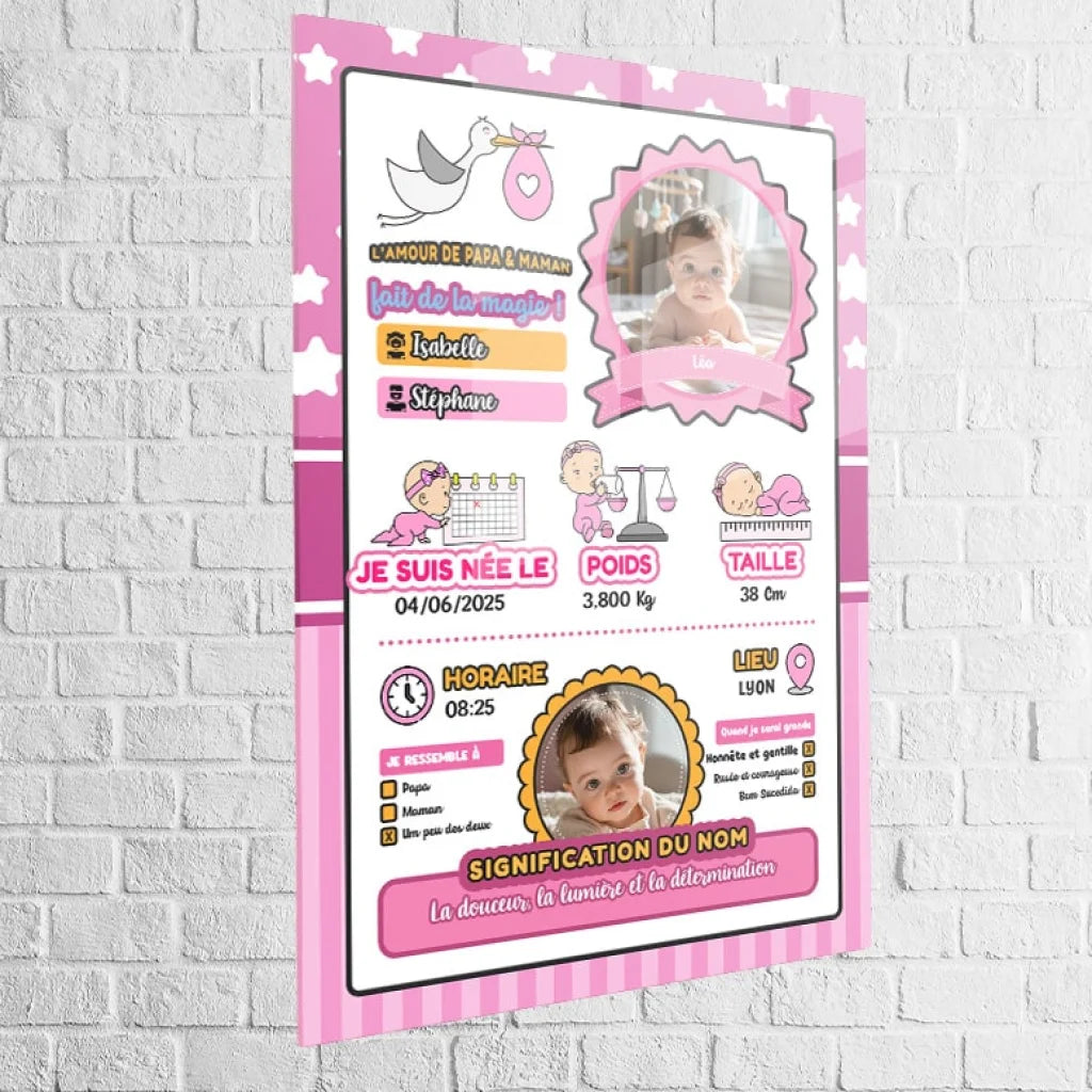 Tableau de naissance personnalisé pour bébé fille