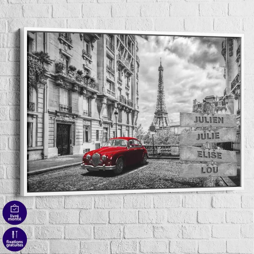 Tableau Personnalisé Prénoms Paris Rouge 40x60cm / Cadre blanc Toile Imprimée