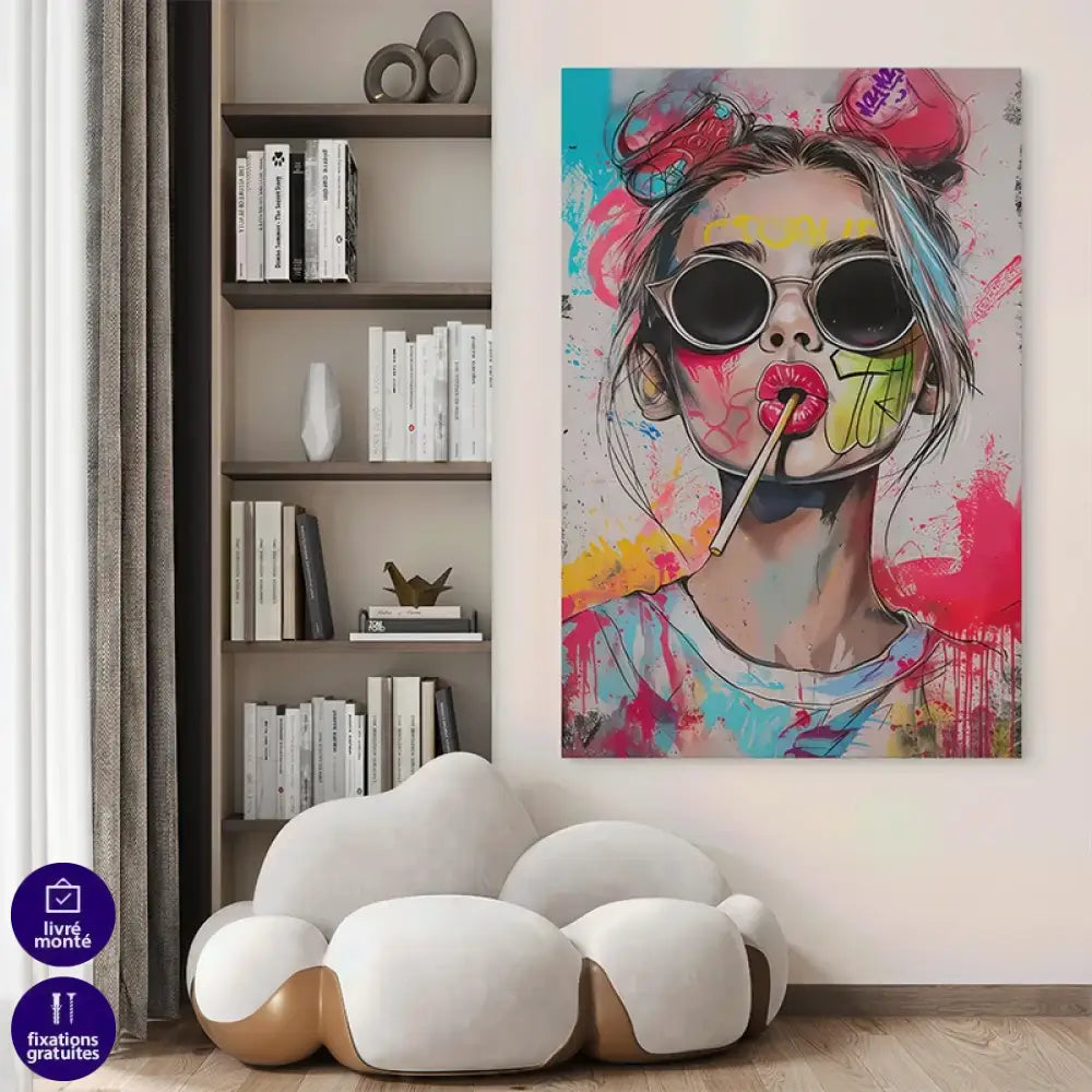 Tableau street art féminin avec lollipop et lunettes