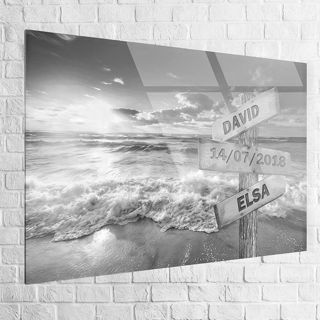 Tableau prénoms couple en noir et blanc, personnalisable pour mariage, fiançailles ou Saint-Valentin