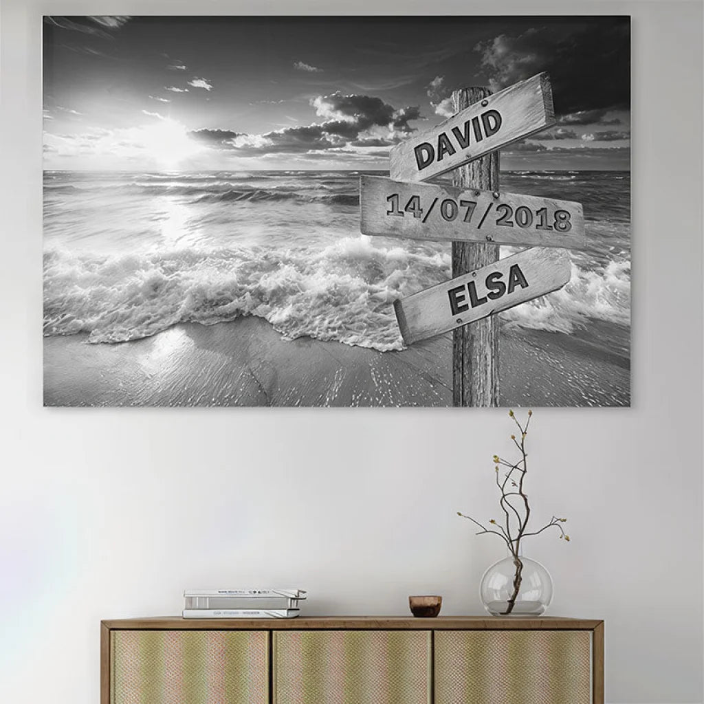 Tableau personnalisable avec deux prénoms et une date, idéal pour couples, décoration murale romantique, style moderne et épuré.