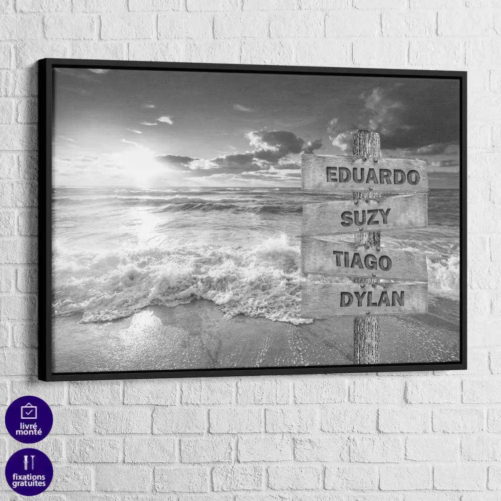 Tableau Prénoms Famille Plage Noir et Blanc - Montableaudeco