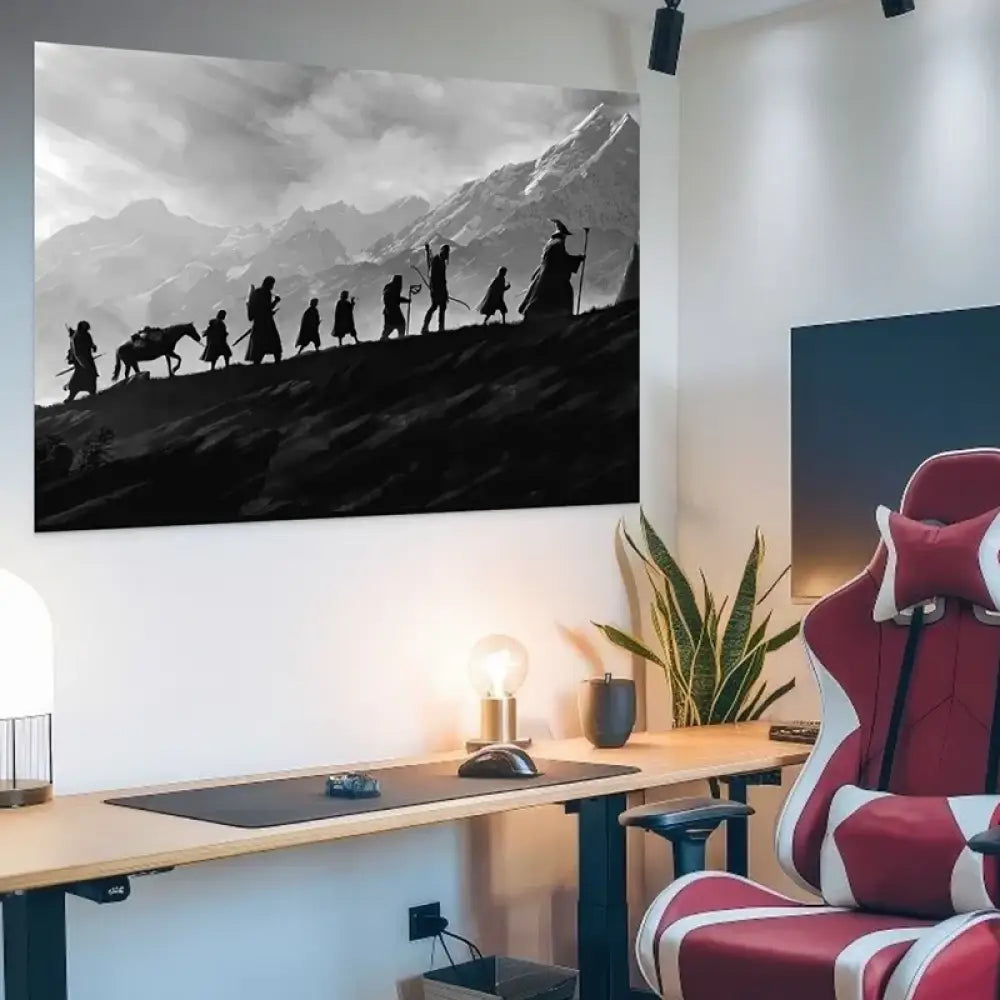 Tableau Seigneur des Anneaux – Vers la Montagne du Destin, silhouettes en marche, noir et blanc