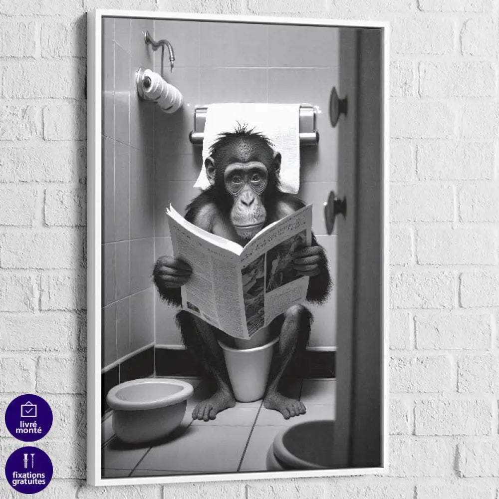 Tableau Singe aux Toilettes 40x60cm / Cadre Blanc Tableau Singe