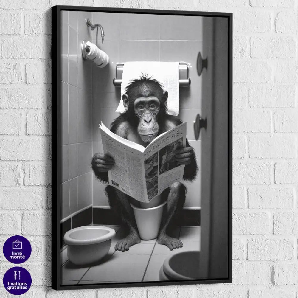Tableau Singe aux Toilettes 40x60cm / Cadre Noir Tableau Singe