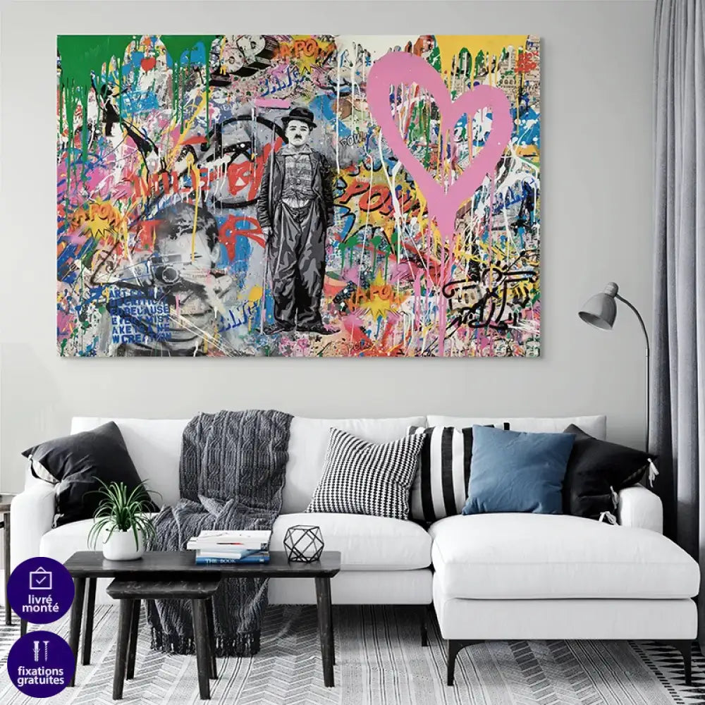 tableau street art Charlie Chaplin cœur rose