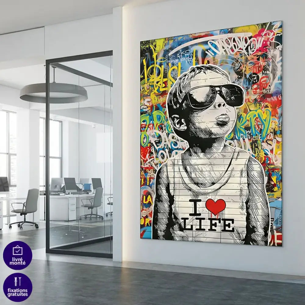 Tableau street art enfant aux lunettes I Love Life fond graffiti