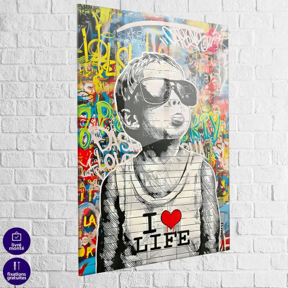 Tableau street art plexiglas enfant I Love Life couleurs éclatantes