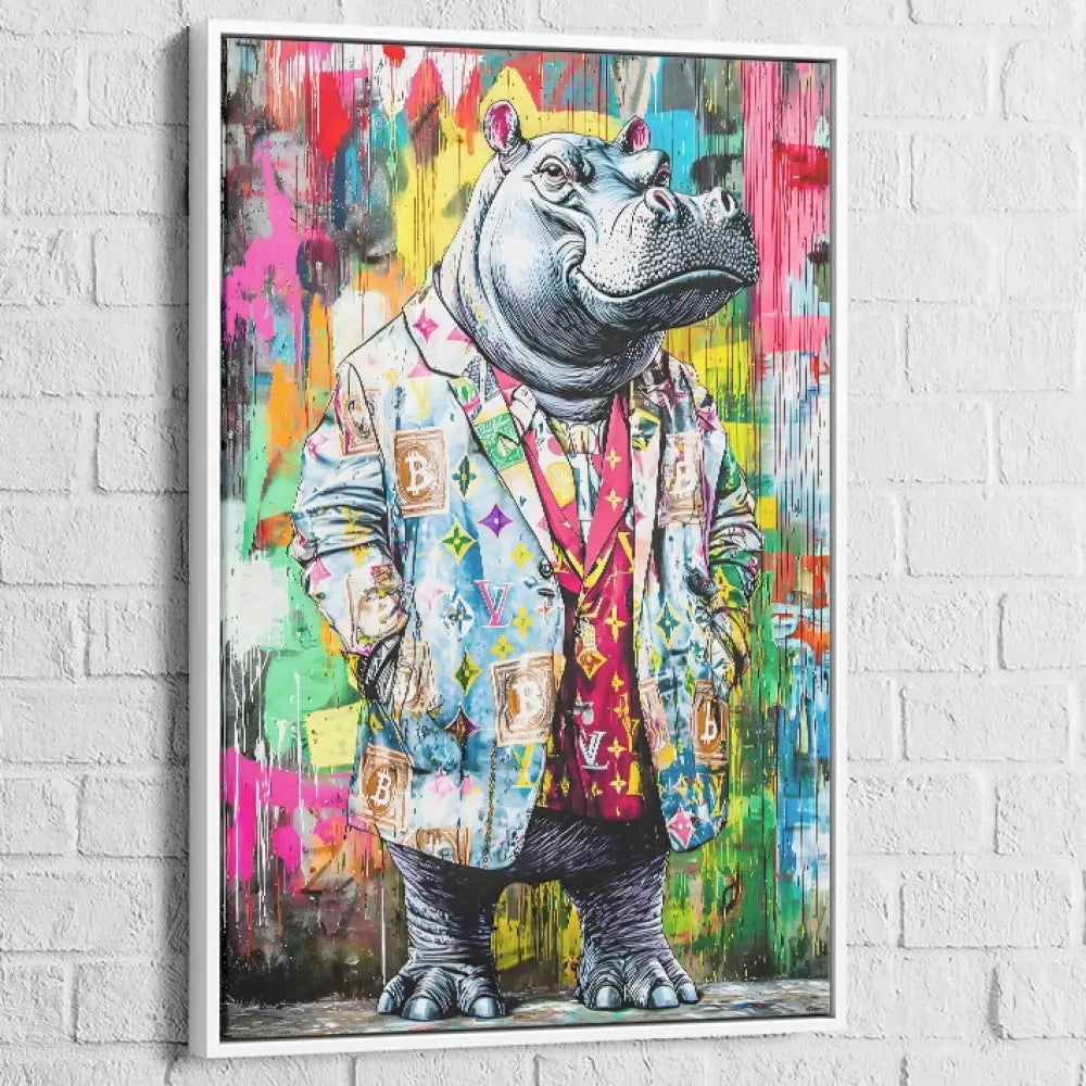 Tableau street art cadre blanc – hippopotame stylé et coloré