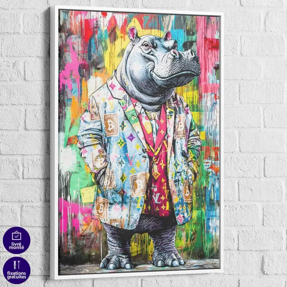 Tableau street art cadre blanc – hippopotame stylé et coloré