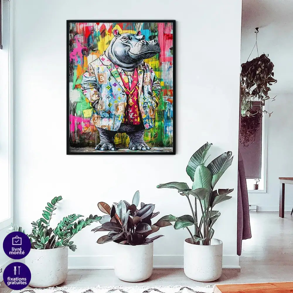 Tableau mural moderne – hippo business fond graffiti multicolore