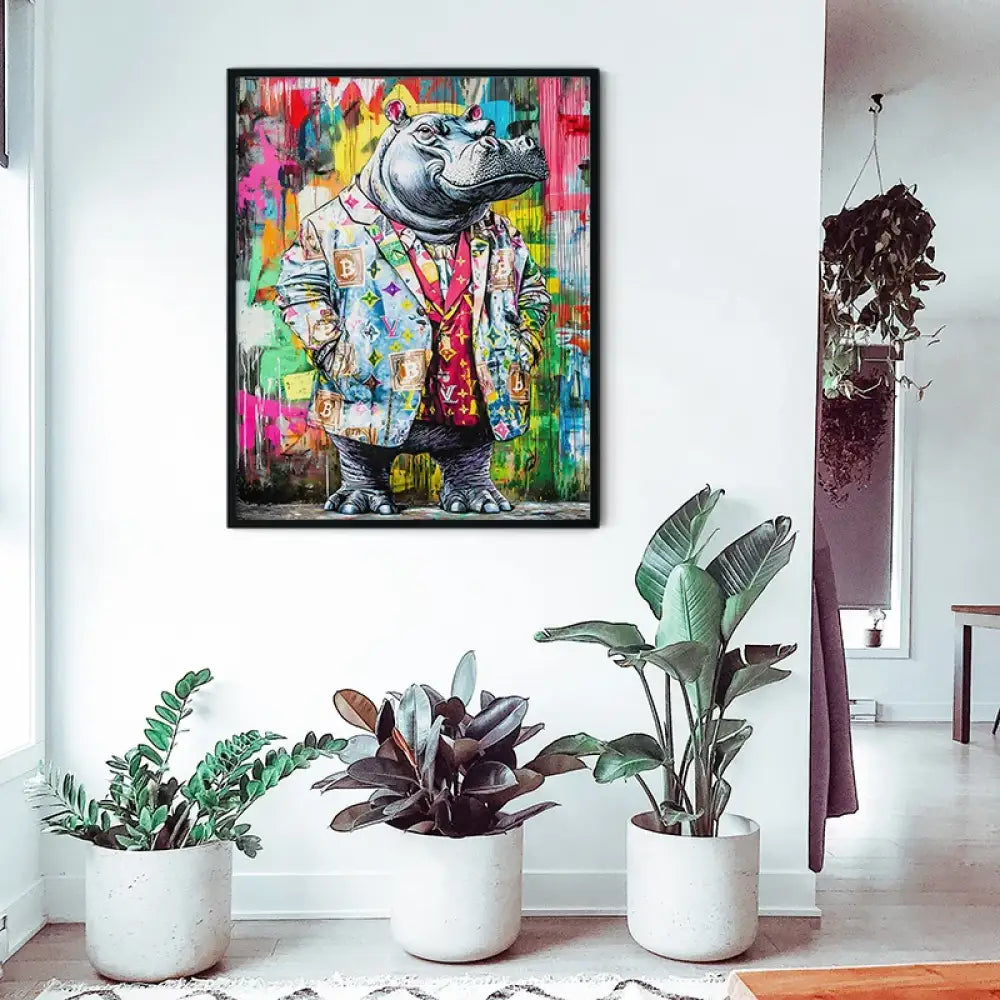 Tableau mural moderne – hippo business fond graffiti multicolore
