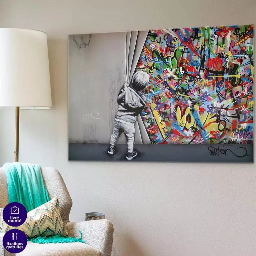 Tableau Street Art L'enfant devant le mur - Montableaudeco