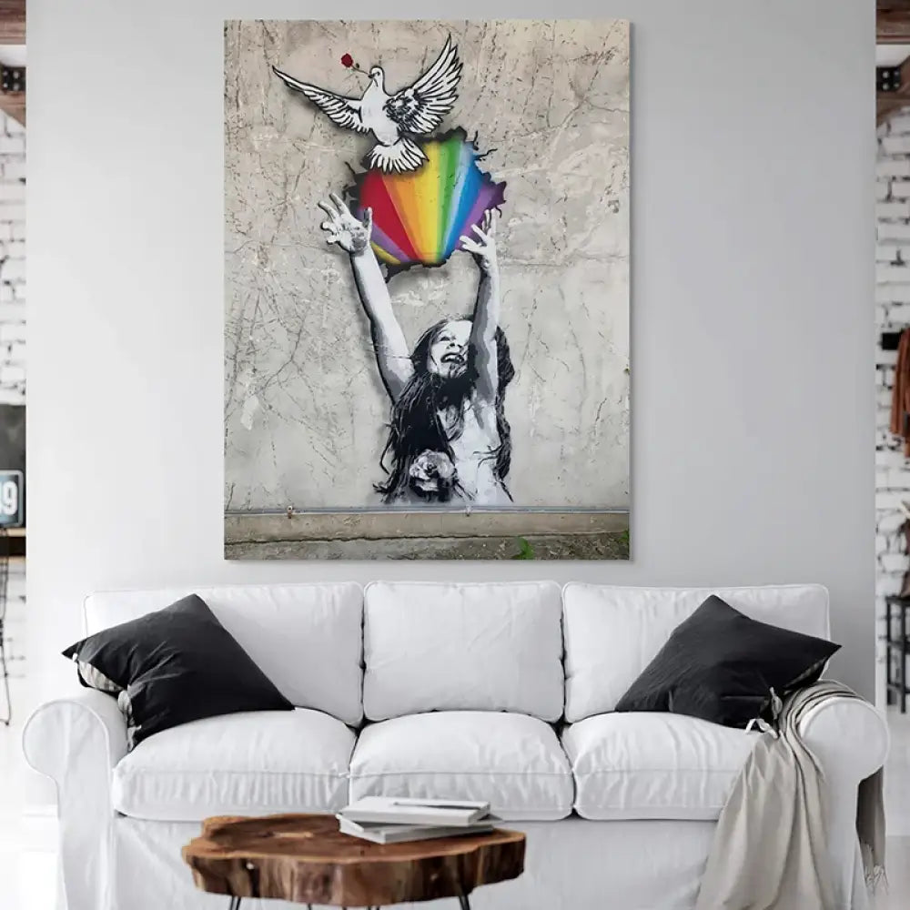 Tableau street art fillette bras levés, symbole de paix