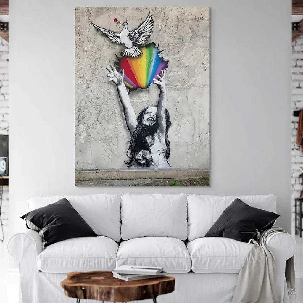 Tableau street art fillette bras levés, symbole de paix