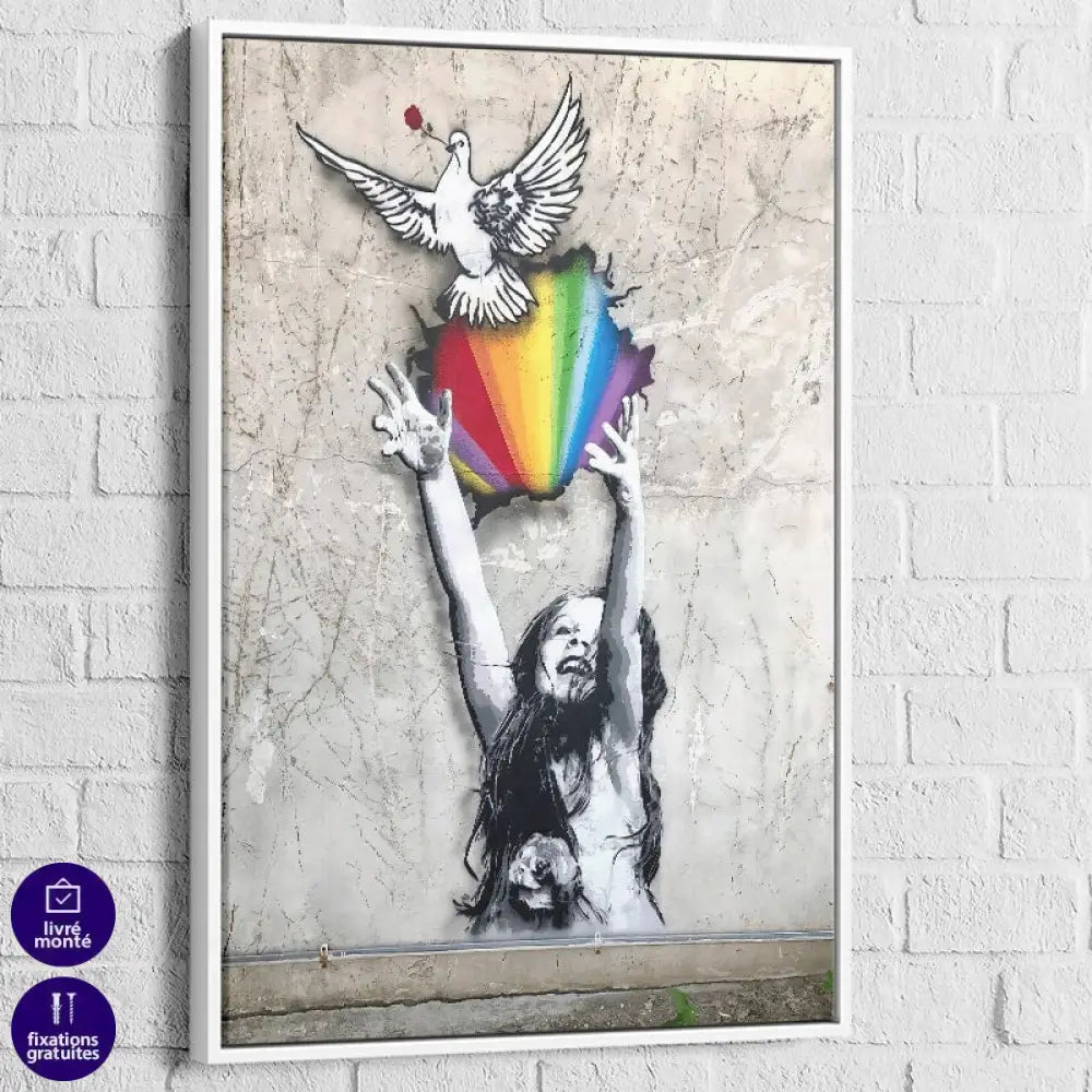 Tableau street art – L’Envol de la Paix, cadre blanc