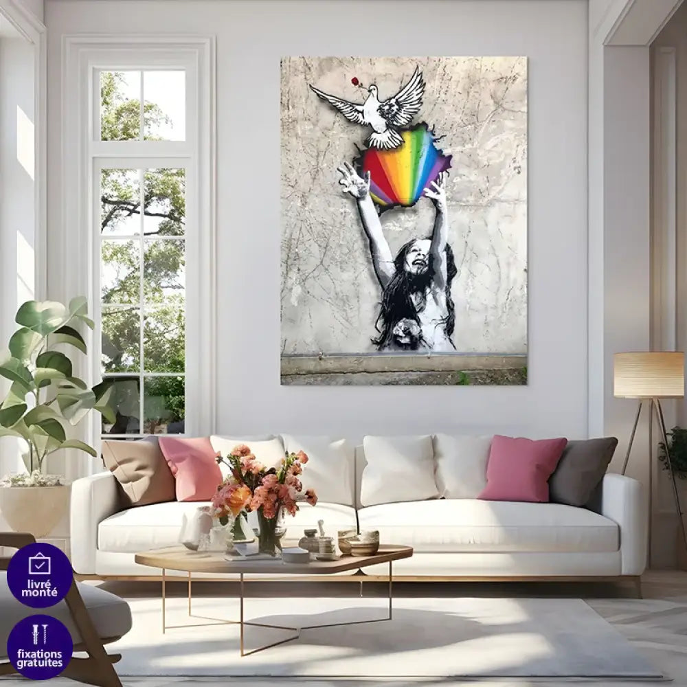 Tableau street art colombe blanche, éclat d’arc-en-ciel