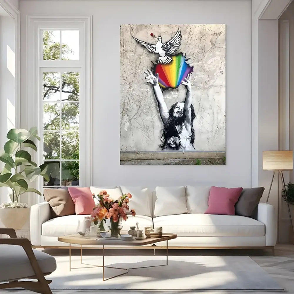 Tableau street art colombe blanche, éclat d’arc-en-ciel