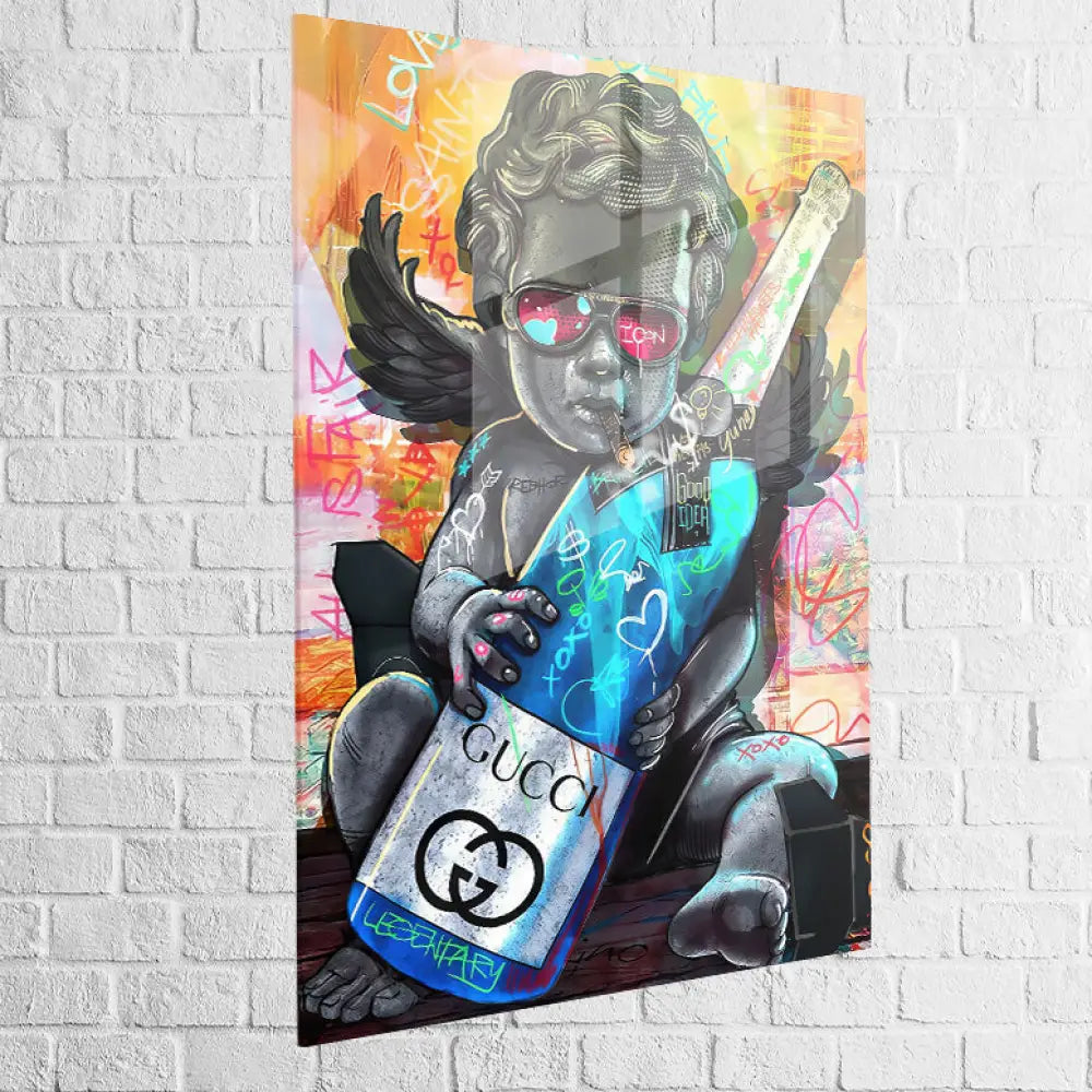 Tableau contemporain chérubin noir avec éléments Gucci et graff
