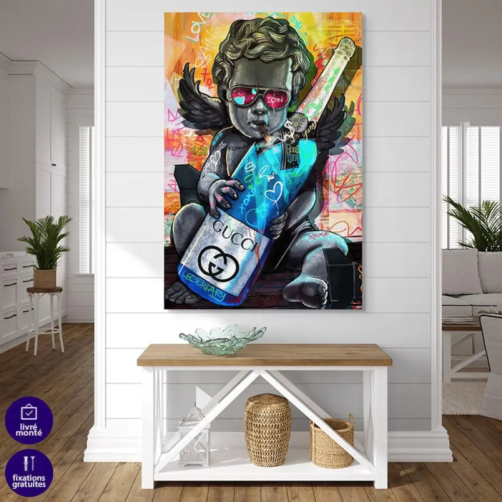 Tableau street art chérubin avec bouteille Gucci et lunettes roses