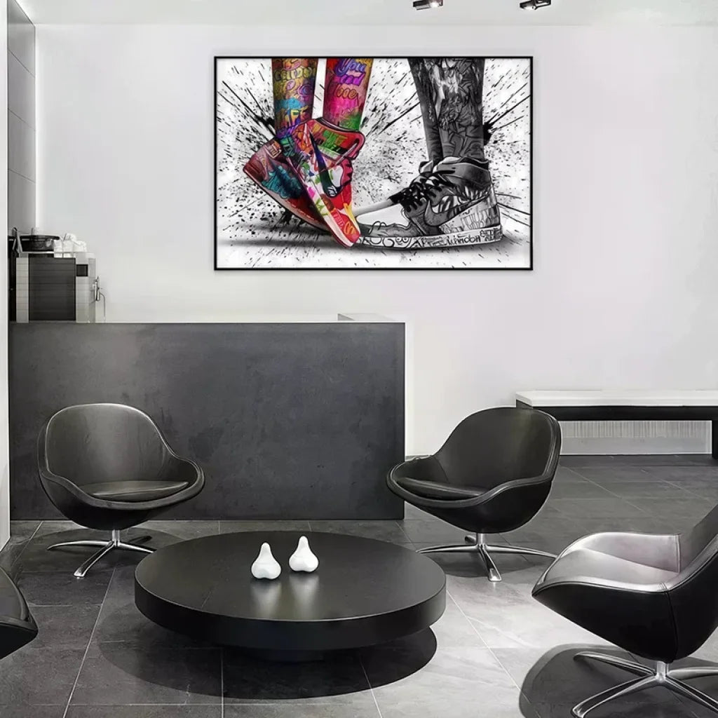 Toile imprimée contemporaine représentant des sneakers en street art