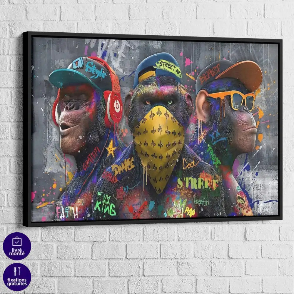 Tableau street art Singes Urbains, cadre noir