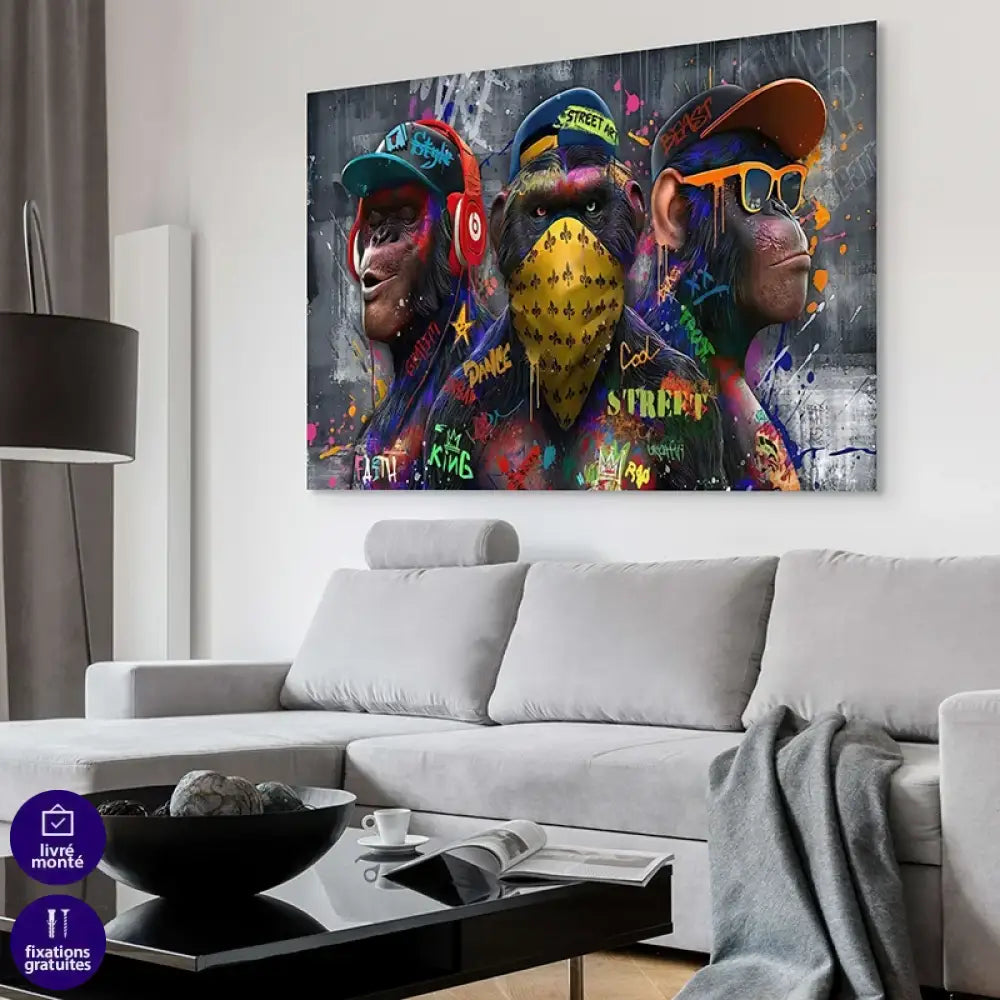 Tableau Singes Urbains format XXL au-dessus d’un canapé, ambiance industrielle
