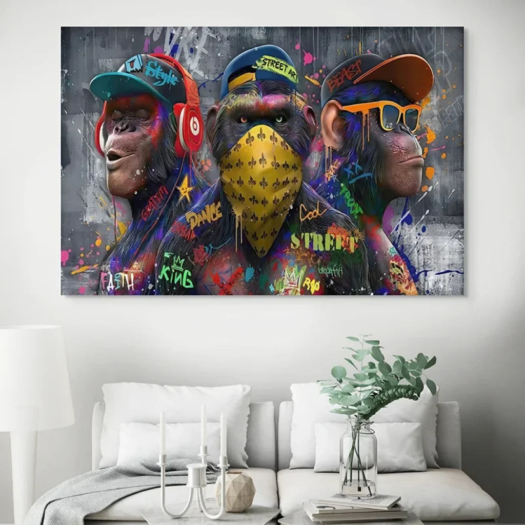 Tableau street art Singes Urbains, trio de primates graffiti aux couleurs vives